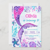 マーメイドテールプールパーティー写真誕生日水彩 招待状 (正面)