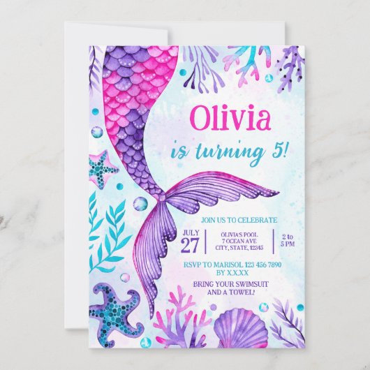 マーメイドテールプールパーティー写真誕生日水彩 招待状 (正面)