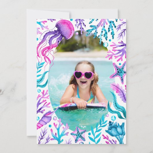 マーメイドテールプールパーティー写真誕生日水彩 招待状 (裏面)