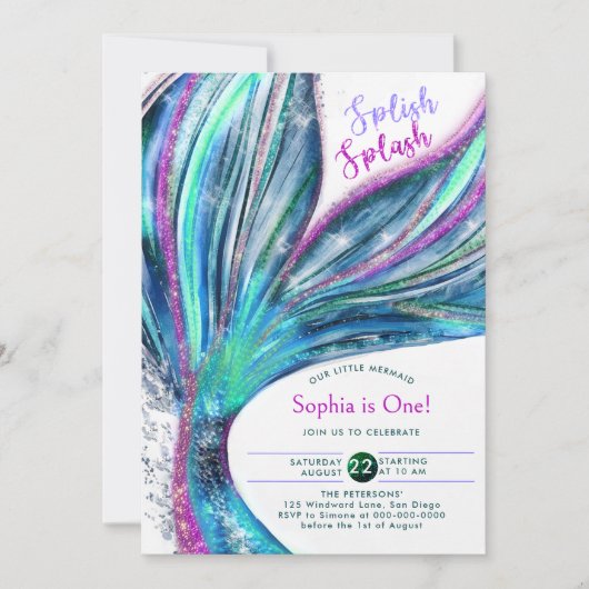 マーメイドテールホログラフィックウォーター色1st誕生日 招待状 (正面)