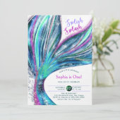 マーメイドテールホログラフィックウォーター色1st誕生日 招待状 (スタンド正面)