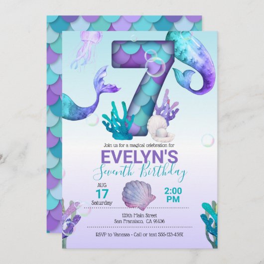 マーメイドテールマーメイド招待状フォー7th誕生日 招待状 (正面/裏面)