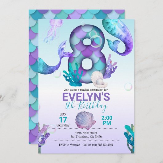 マーメイドテールマーメイド招待状フォー8th誕生日 招待状 (正面/裏面)