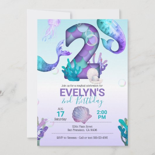 マーメイドテールマーメイド招待状2歳の誕生日 招待状 (正面)