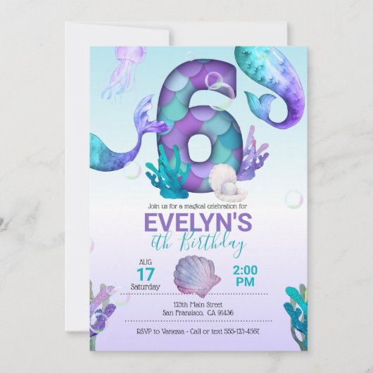 マーメイドテールマーメイド招待状6誕生日 招待状 (正面)