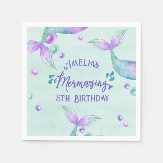 マーメイドテール任意の年齢メルマージング誕生日パーティー スタンダードカクテルナプキン (正面)