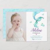 マーメイドテール海かわいい水彩写真誕生日 招待状 (正面/裏面)