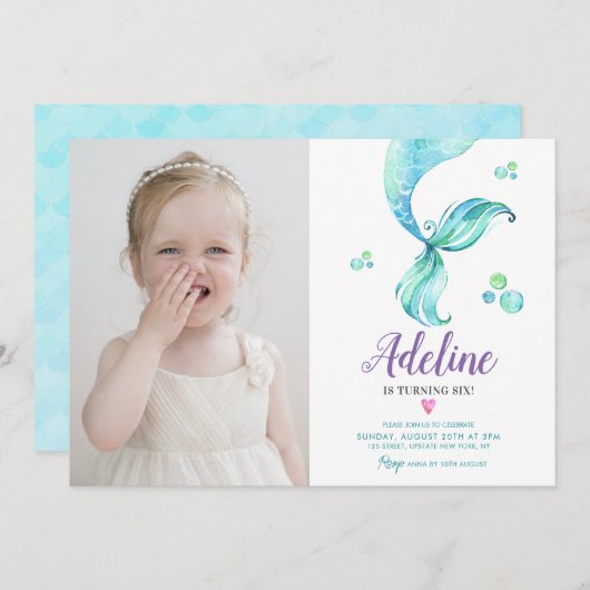 マーメイドテール海かわいい水彩写真誕生日 招待状 (正面/裏面)