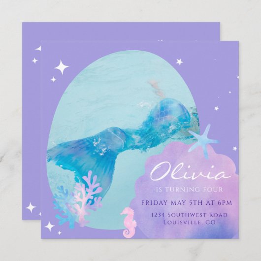 マーメイドテール誕生日の招待,海下 (正面/裏面)