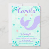 マーメイドテール誕生日アンダーザシーパープルティール（緑がかった色） 招待状 (正面)