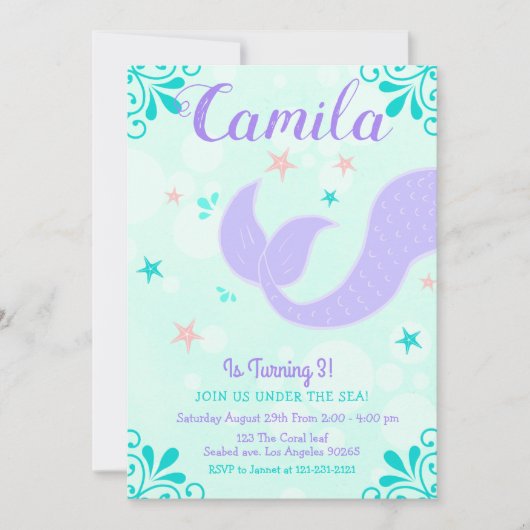 マーメイドテール誕生日アンダーザシーパープルティール（緑がかった色） 招待状 (正面)