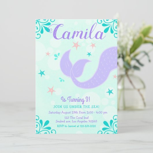 マーメイドテール誕生日アンダーザシーパープルティール（緑がかった色） 招待状 (スタンド正面)