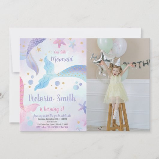 マーメイドテール誕生日招待状と写真 招待状 (正面)