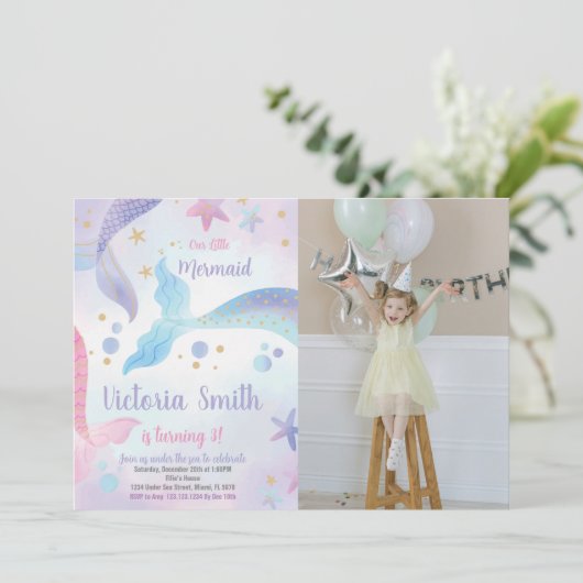 マーメイドテール誕生日招待状と写真 招待状 (スタンド正面)