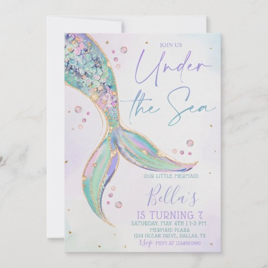 マーメイドテール誕生日招待状ザシーダー 招待状 (正面)