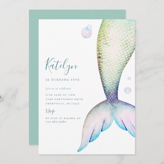 マーメイドテール誕生日 招待状 (正面/裏面)