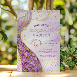 マーメイドテール金ゴールドピンクパープルガール誕生日パーティー 招待状