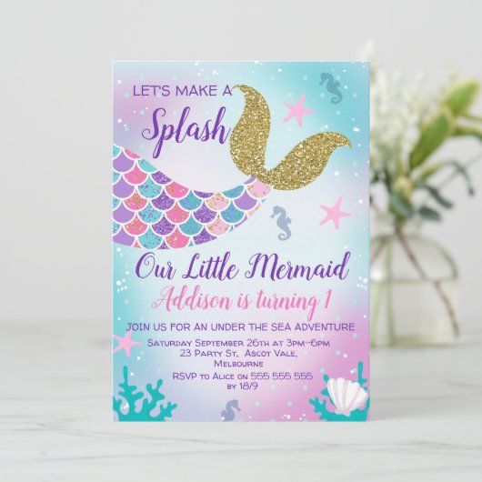 マーメイドテール金ゴールドピンクパープル誕生日招待状 招待状 (スタンド正面)