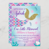 マーメイドテール金ゴールドピンクパープル誕生日招待状 招待状 (正面/裏面)