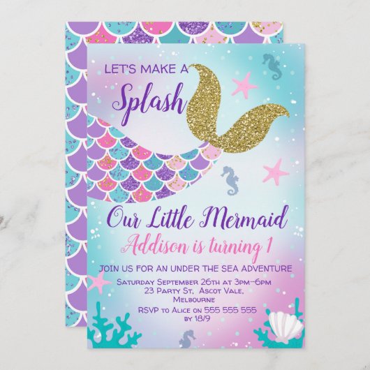 マーメイドテール金ゴールドピンクパープル誕生日招待状 招待状 (正面/裏面)
