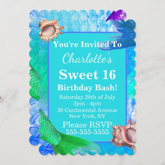 マーメイドテール&コンチシェルスイート16パーティー 招待状 (正面/裏面)