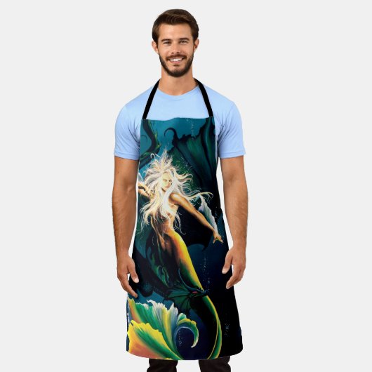 マーメイドドラゴンファンタジーブルー エプロン (着用した状態)