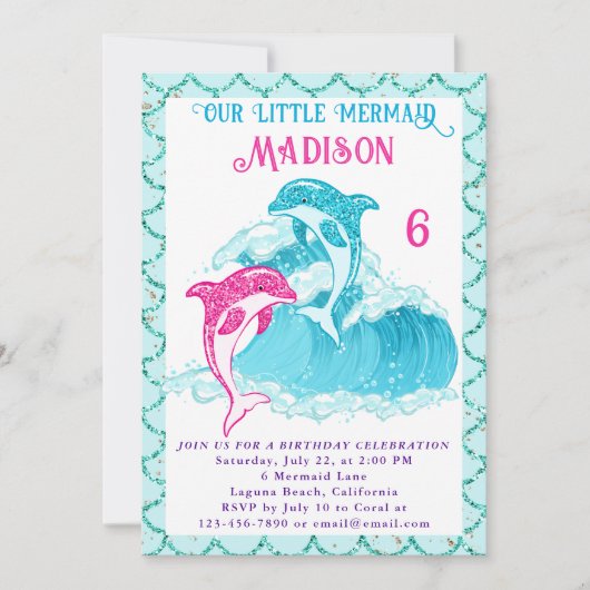 マーメイドドルフィンブルーシー海アクアバースデーパーティー 招待状 (正面)