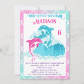 マーメイドドルフィンブルーシー海ピンクバースデーパーティー 招待状 (正面)