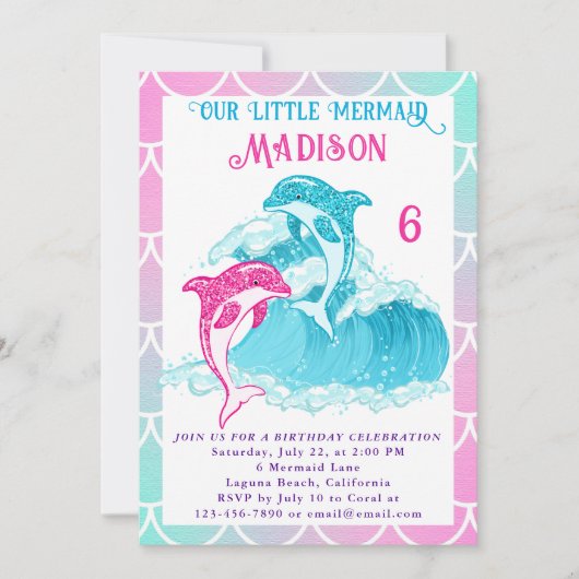 マーメイドドルフィンブルーシー海ピンクバースデーパーティー 招待状 (正面)