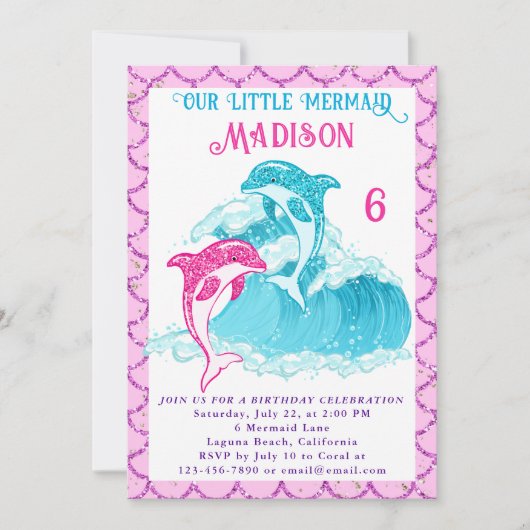 マーメイドドルフィンブルーシー海ピンクバースデーパーティー 招待状 (正面)