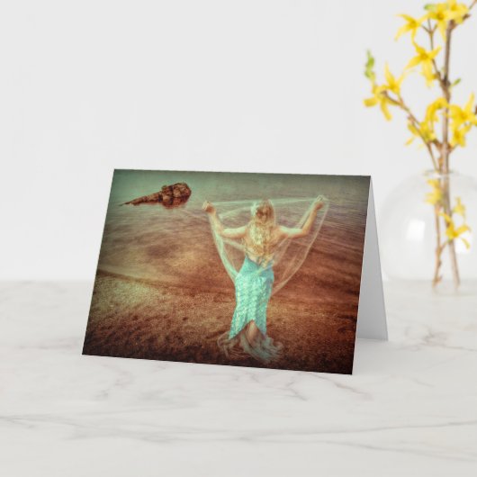 マーメイドバイザシーヴィンテージティール（緑がかった色）ブラウン カード (黄色い花)