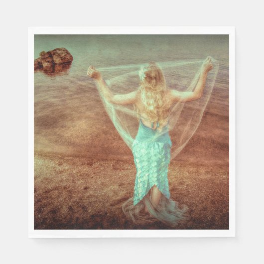 マーメイドバイザシーヴィンテージティール（緑がかった色）ブラウン スタンダードランチョンナプキン (正面)