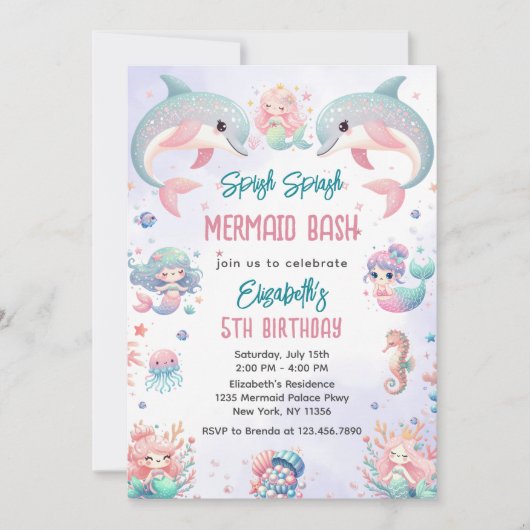 マーメイドバッシュザシー誕生日 招待状 (正面)