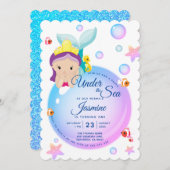 マーメイドバブルグリッターパープルティール（緑がかった色）ベビー誕生日 招待状 (正面/裏面)