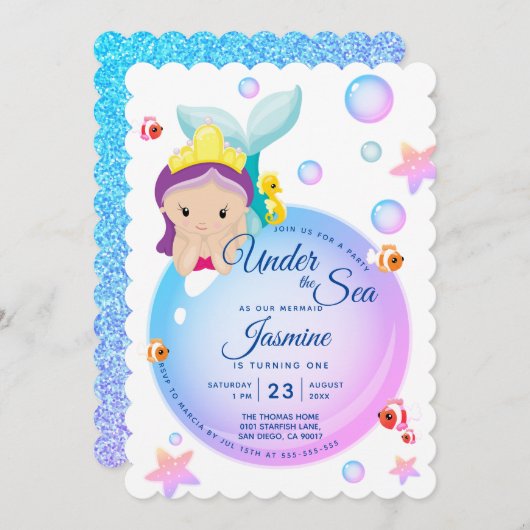 マーメイドバブルグリッターパープルティール（緑がかった色）ベビー誕生日 招待状 (正面/裏面)