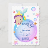 マーメイドバブルグリッターパープルティール(緑がかった色)ベビー誕生日 招待状 (正面)