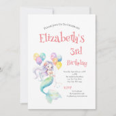 マーメイドバルーン小さな女の子誕生日パーティー 招待状 (正面)