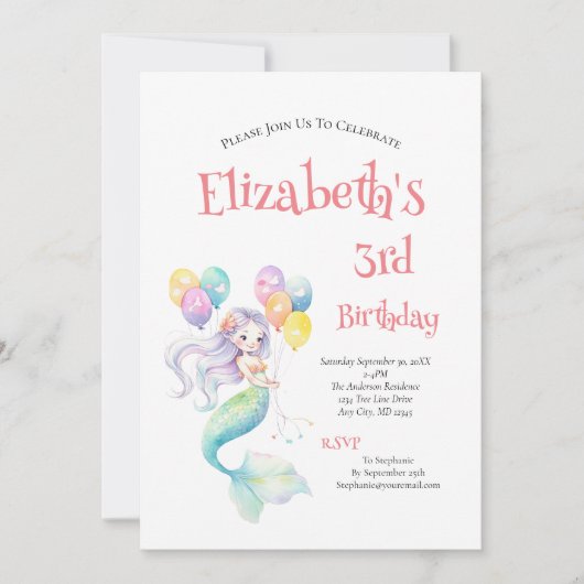 マーメイドバルーン小さな女の子誕生日パーティー 招待状 (正面)