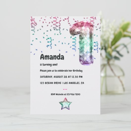 マーメイドバルーン1歳の誕生日招待状 招待状 (スタンド正面)