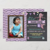 マーメイドバースデーパーティフォトパープルグリッター招待状 招待状 (正面/裏面)