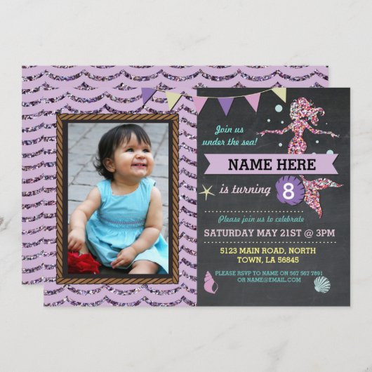 マーメイドバースデーパーティフォトパープルグリッター招待状 招待状 (正面/裏面)