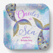 マーメイドバースデーパーティーガールズブルーティール(緑がかった色)紙 ペーパープレート (正面)