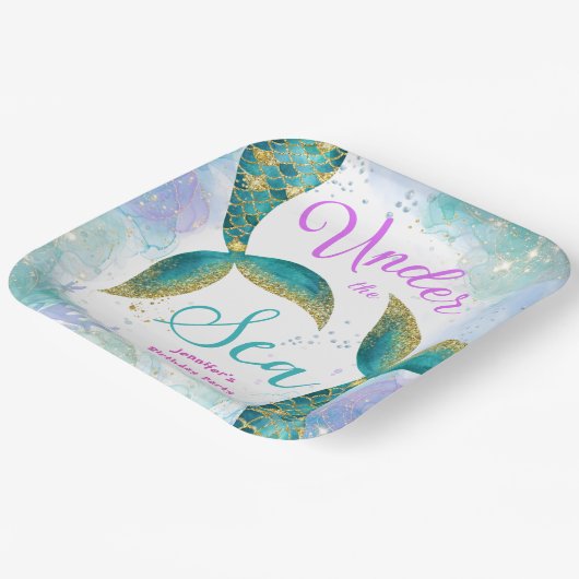 マーメイドバースデーパーティーパープルティール（緑がかった色）紙 ペーパープレート (傾斜あり)