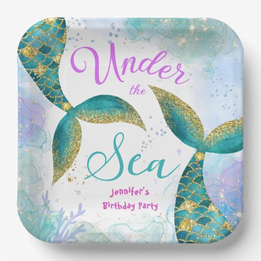 マーメイドバースデーパーティーパープルティール（緑がかった色）紙 ペーパープレート (正面)
