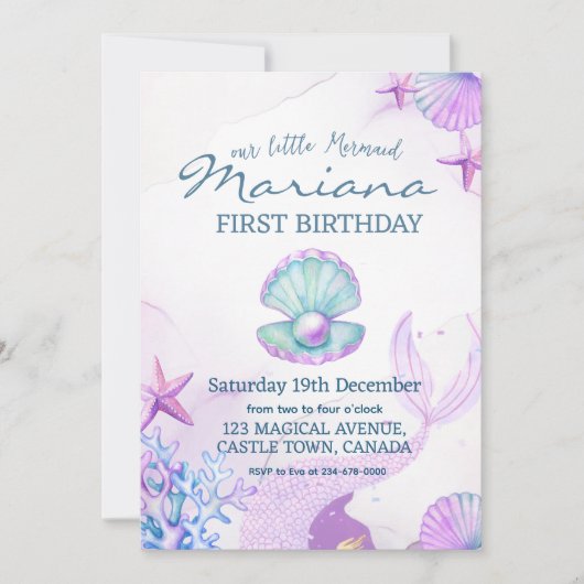 マーメイドバースデーパーティーパールファースト誕生日 招待状 (正面)