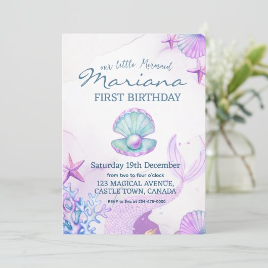 マーメイドバースデーパーティーパールファースト誕生日 招待状 (スタンド正面)