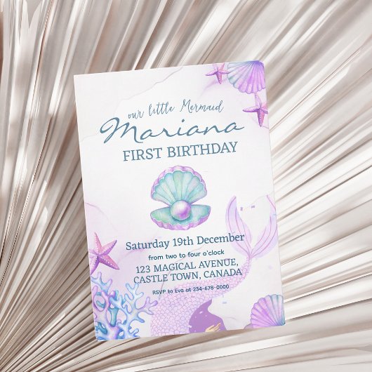 マーメイドバースデーパーティーパールファースト誕生日 招待状