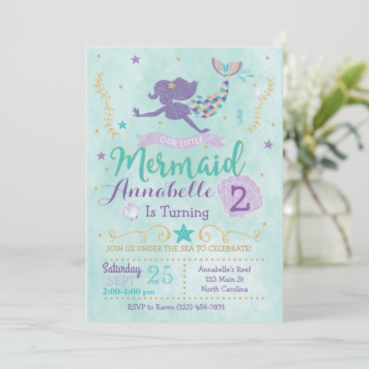 マーメイドバースデーパーティー招待パープルティール（緑がかった色）金ゴールド 招待状 (スタンド正面)