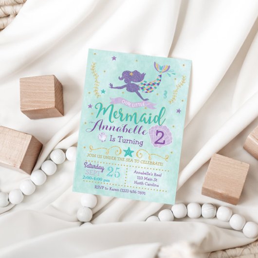 マーメイドバースデーパーティー招待パープルティール（緑がかった色）金ゴールド 招待状