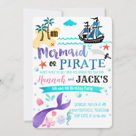 マーメイドパイレーツ誕生日招待状パーティーデュアル 招待状 (正面)